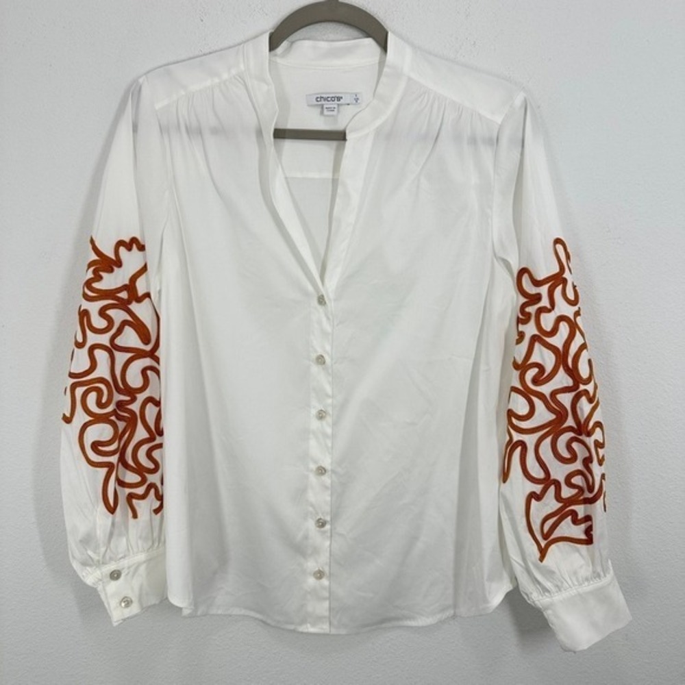 Chico's Medium Button‎ Up Shirt White Embroidered Sleeve Blouse Artsy Casual